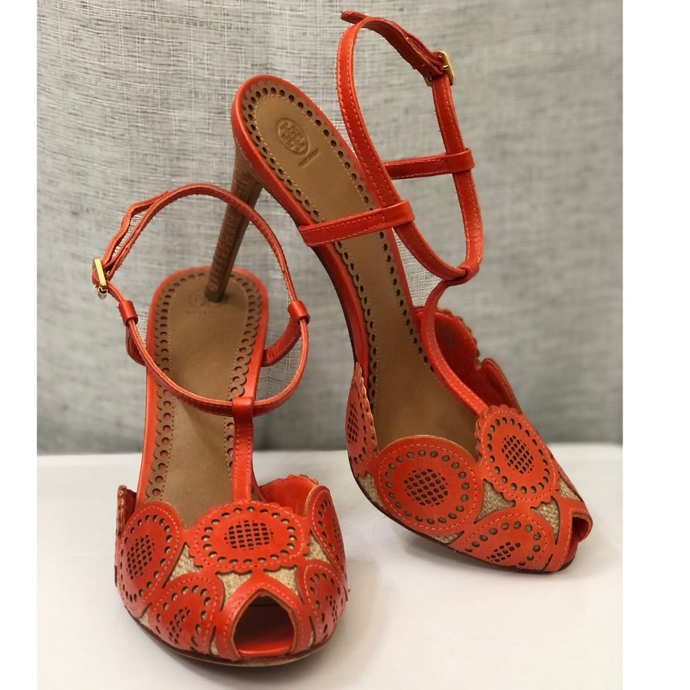 Tory Burch Orange leather and Jute T strap heels